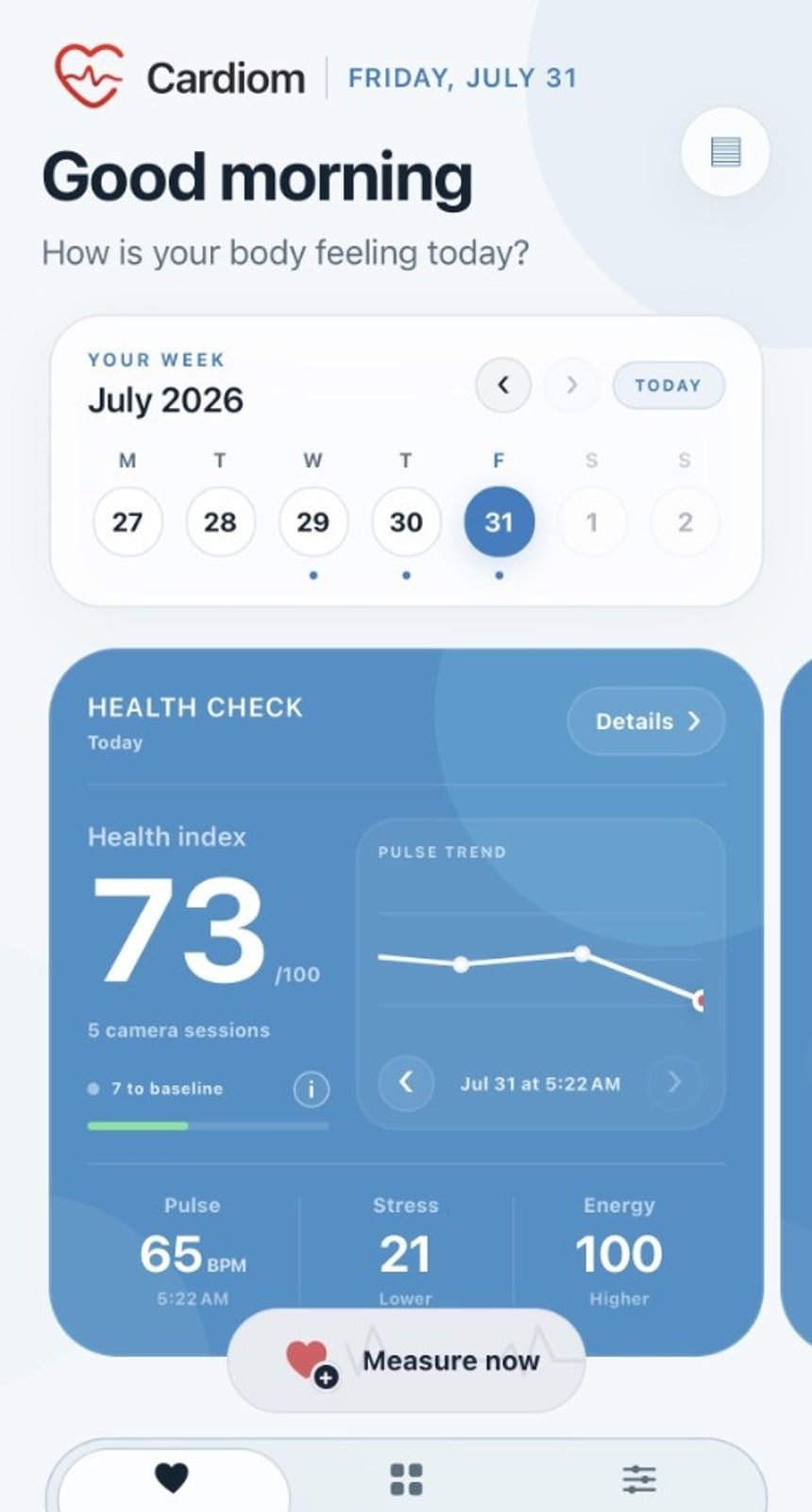 Cardiom home dashboard with Health Check, pulse trend and Measure now
