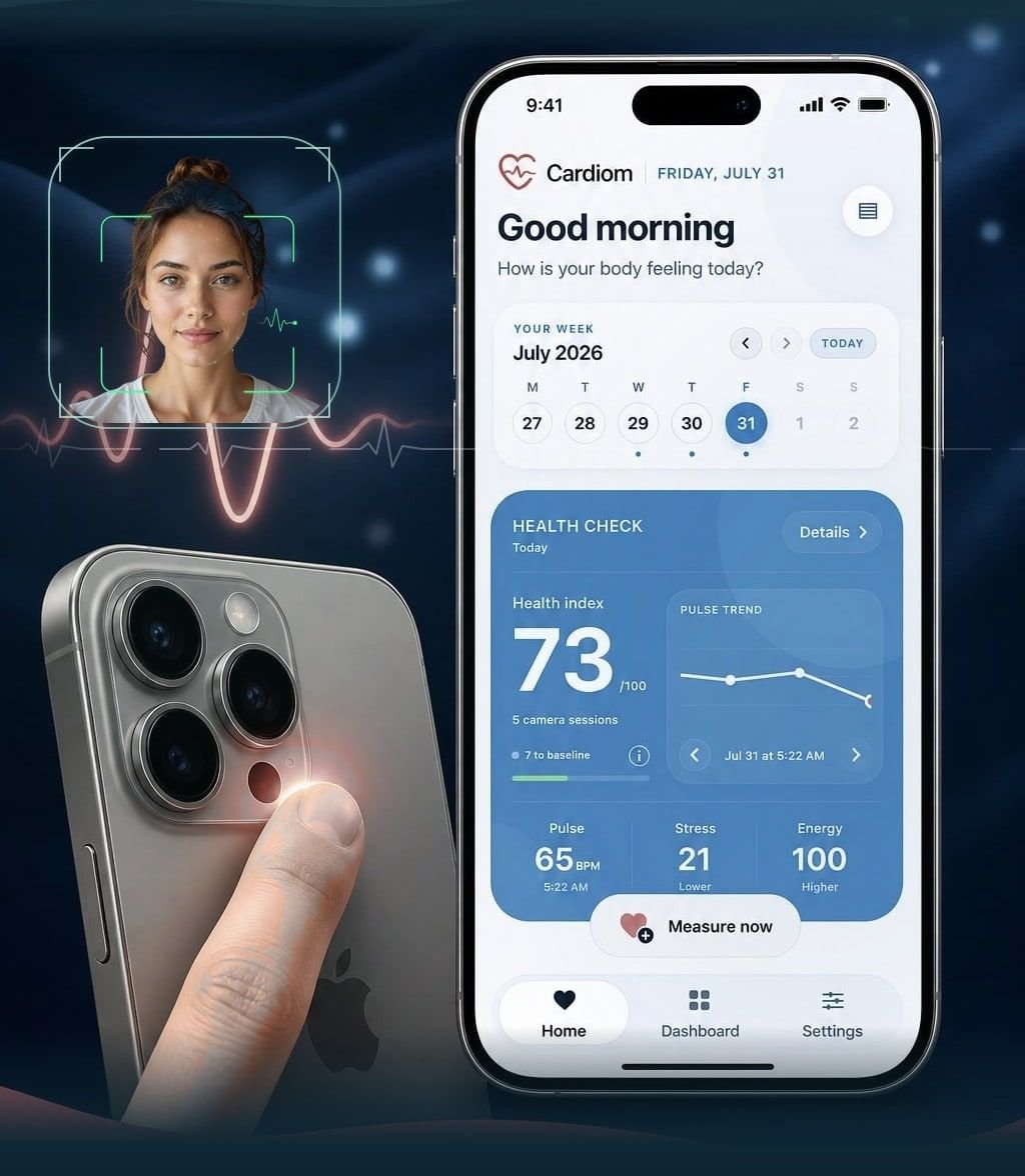 Cardiom Finger PPG and contactless Face rPPG check-ins with the iPhone dashboard